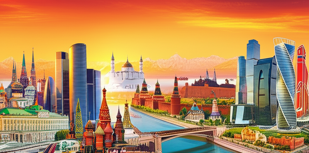 Коллаж, изображающий знаковые достопримечательности российских городов: Красная площадь и Московский Кремль, Эрмитаж Санкт-Петербурга, мечеть Кул-Шариф Казани, горы Сочи, нижегородский Кремль и Калининградский собор, объединенные в живописную панораму под лучами заходящего солнца, символизирующую богатство и разнообразие России для путешествий.